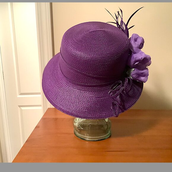 August Purple medium down-turn brim  hat with flowers & feather details on top main image 6